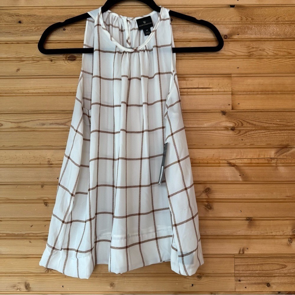 Worthington Top Sleeveless Grid Pattern Cream Brown Flowy NWT Medium Coastal BBQ